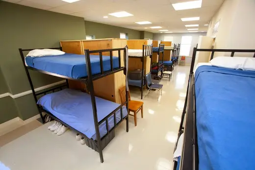 Bunk beds in shared dormitory at The Baltimore Station, a sober living home in Maryland.